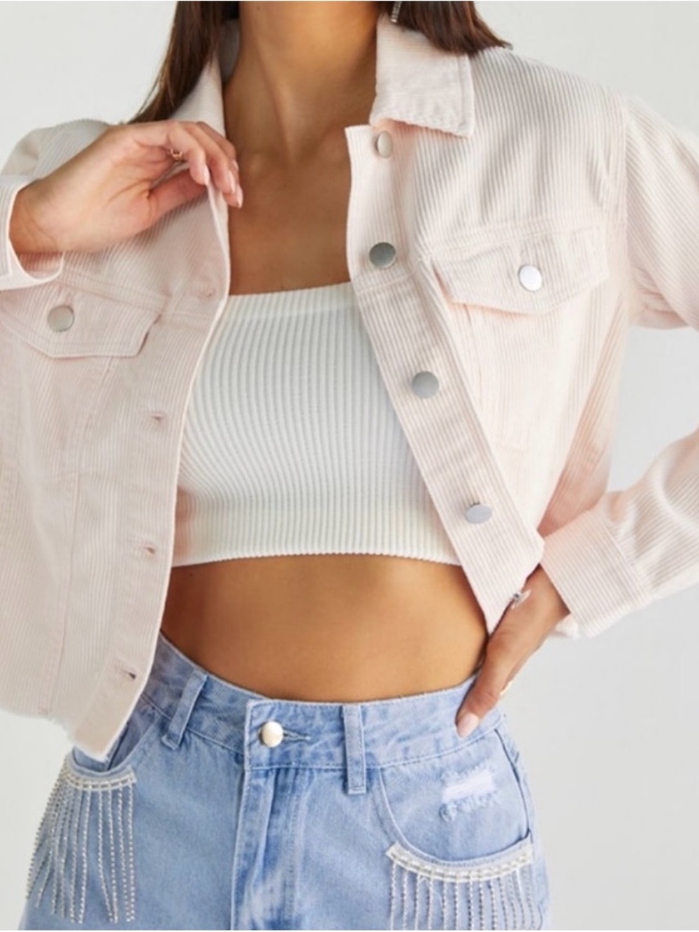 Zara Cropped Pale Pink Denim Jacket